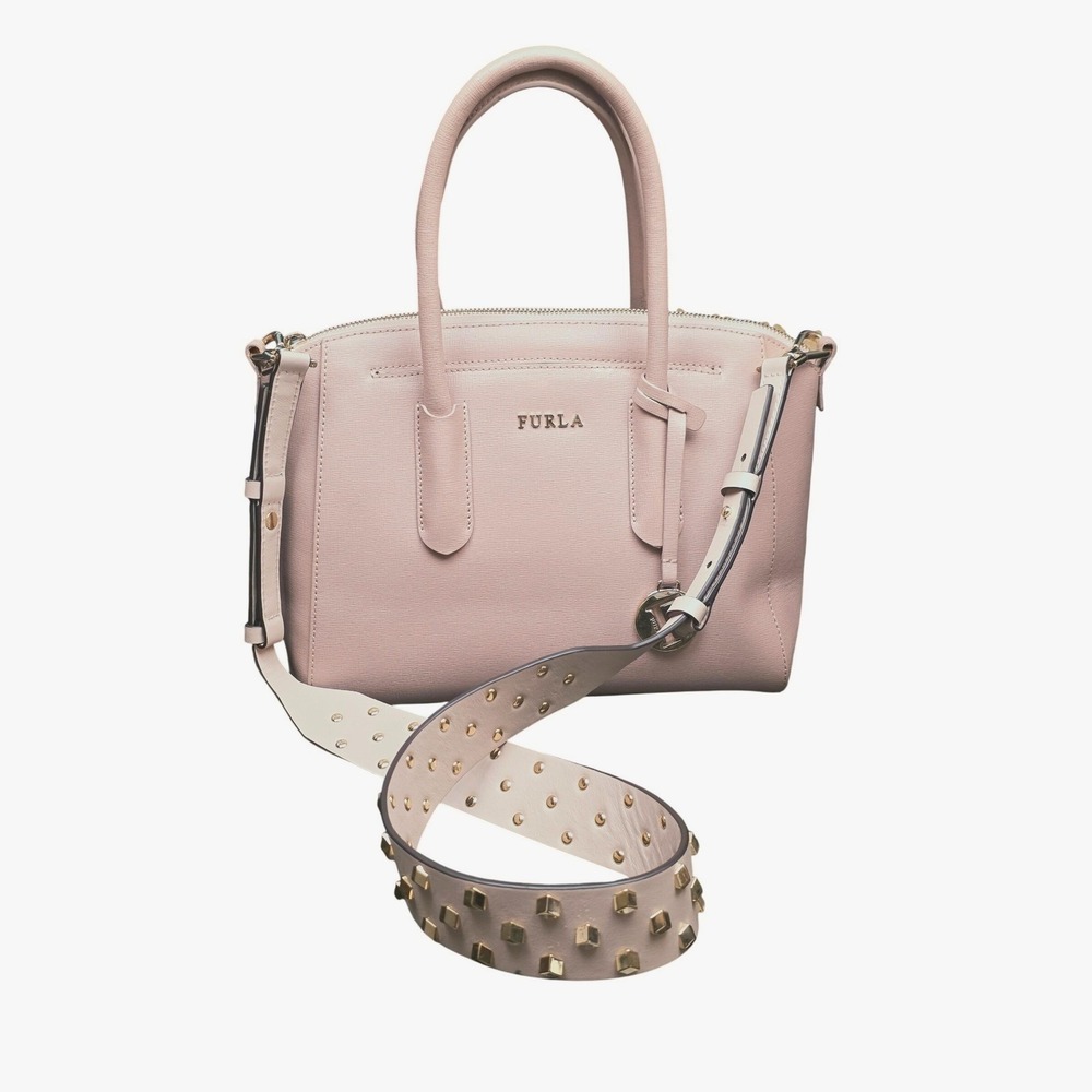 Furla Tessa Small Satchel Bag Pink Saffiano Leather Studded Strap